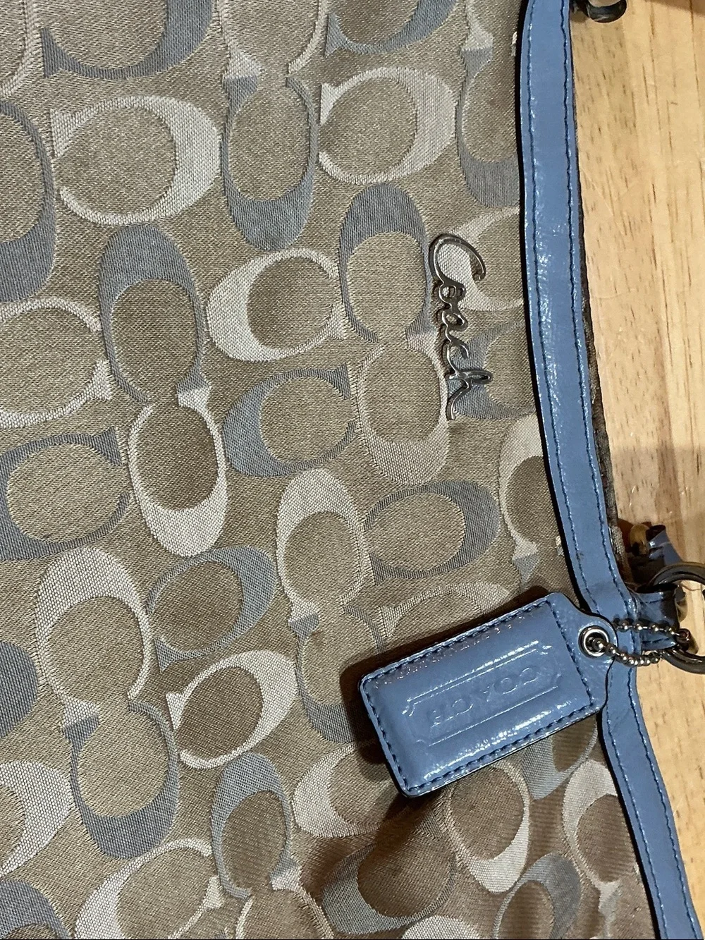 Coach Signature Canvas Tote with Light Blue Trim